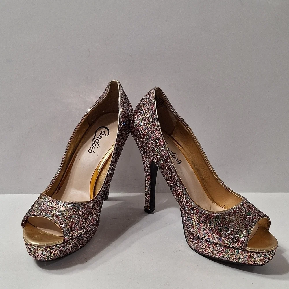 Candies Bohemian Retro Glitter Rainbow Peep Toe Platform Stiletto Heels Size 6.5